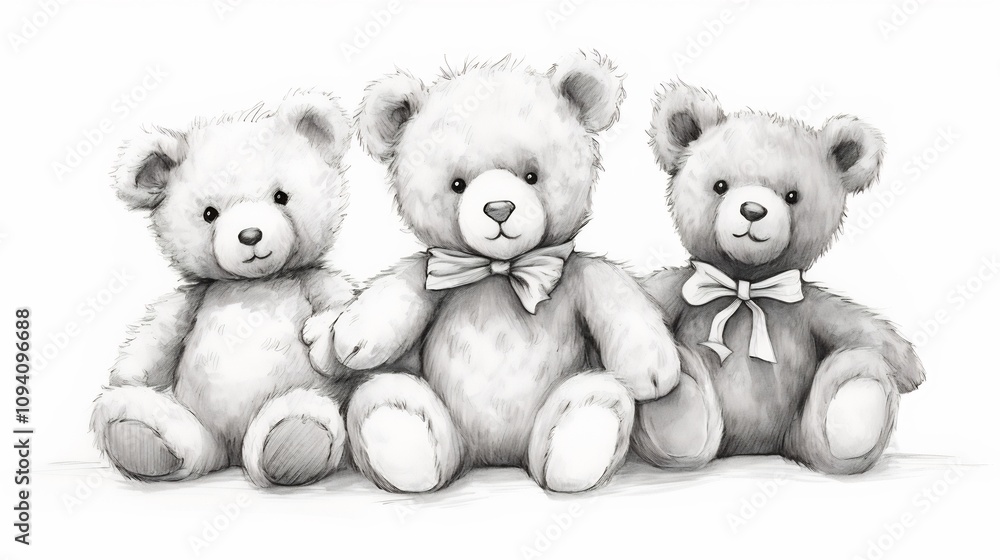 Three Cute and Cuddly Monochrome Teddy Bears Sitting Together Three Cute and Cuddly Monochrome Teddy Bears Sitting Together
