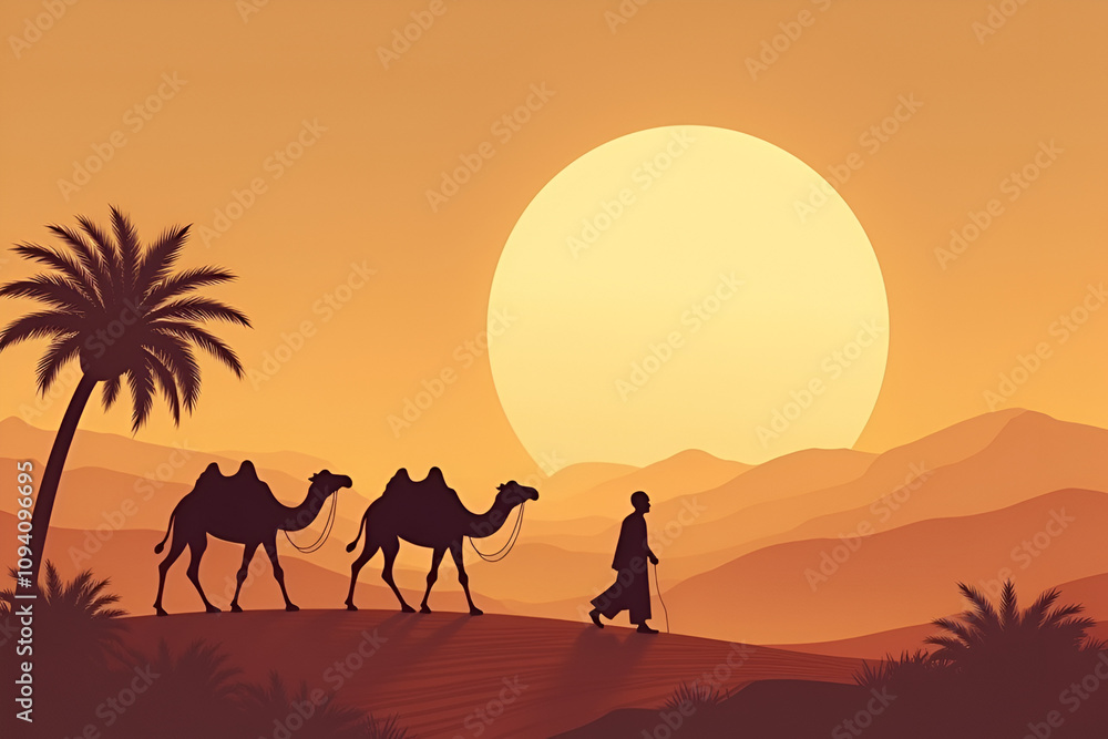 Desert Caravan with Man and Camels at Sunrise Near Palm Tree Desert Caravan with Man and Camels at Sunrise Near Palm Tree