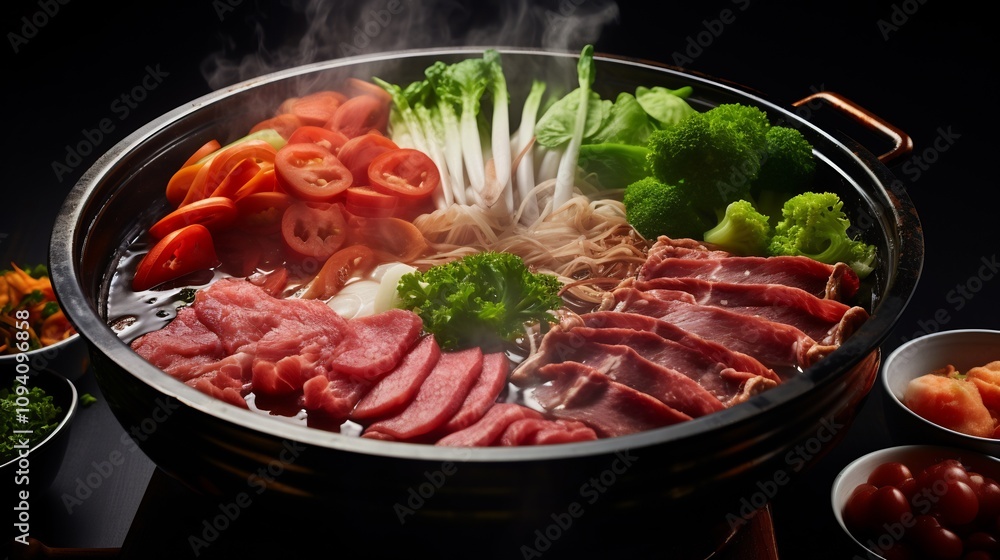 Steaming Hot Pot of Sliced Beef and Fresh Vegetables on the Table Steaming Hot Pot of Sliced Beef and Fresh Vegetables on the Table