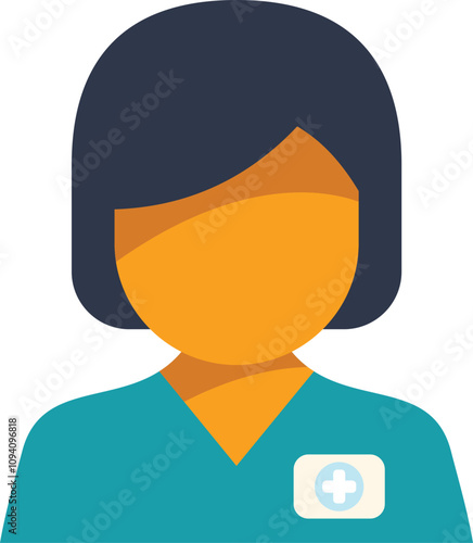 Simple and colorful vector illustration of a female medical professional wearing scrubs and a name tag