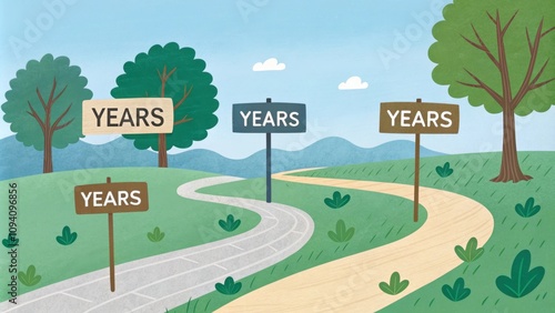 A winding path labeled years with signs along the way indicating increasing dollar amounts.