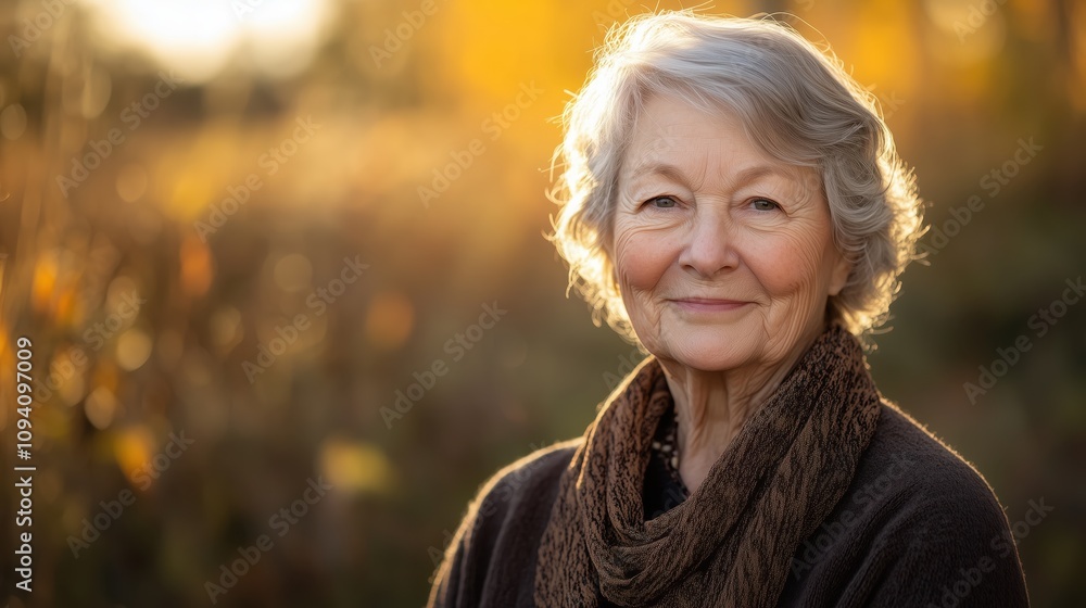 Elderly caucasian woman enjoying autumn in nature with a gentle smile Elderly caucasian woman enjoying autumn in nature with a gentle smile