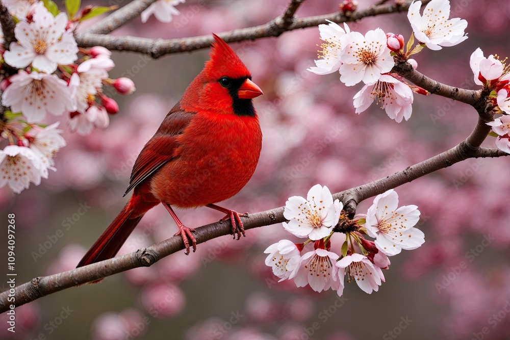 Red Cardinal on Cherry Blossom Tree Representing Hope and Renewal Red Cardinal on Cherry Blossom Tree Representing Hope and Renewal