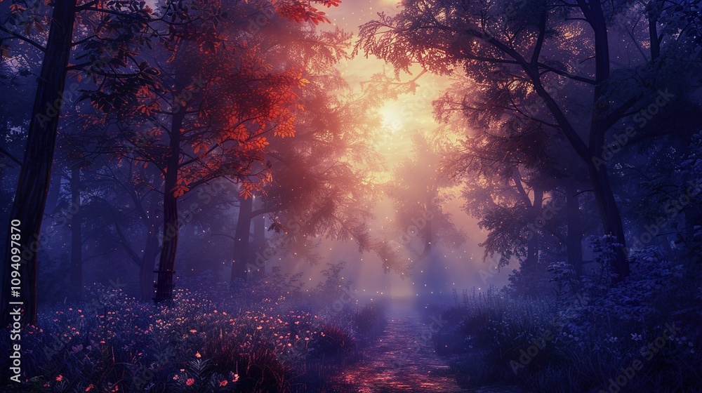 Mystical Forest Path with Sunlight and Fog Mystical Forest Path with Sunlight and Fog