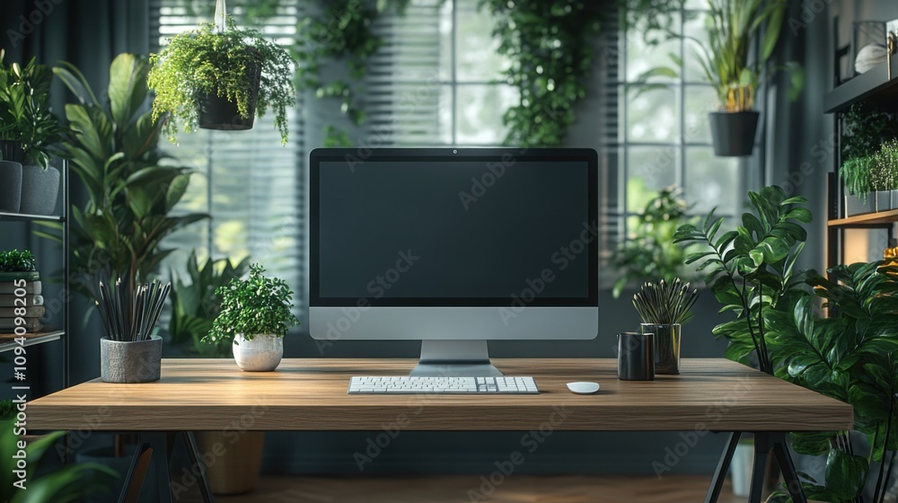 Modern minimalist workspace setup with desk and laptop Modern minimalist workspace setup with desk and laptop