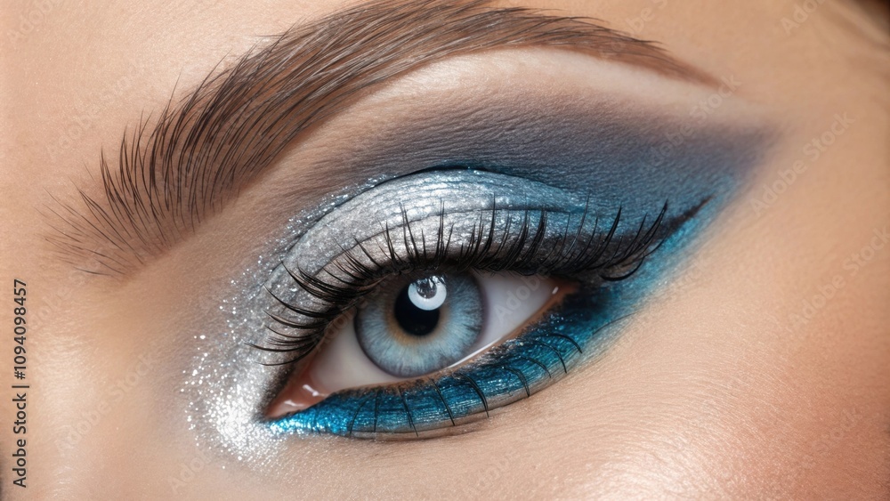 Obraz premium Captured in exquisite detail this image showcases an eye enhanced by shimmering silver and cerulean colors. The interplay of light on the makeup adds depth transforming the eye
