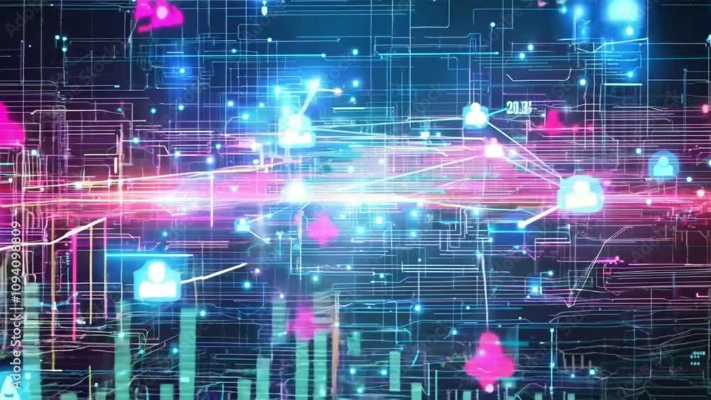 Abstract digital network with glowing lines and bright light bursts Abstract digital network with glowing lines and bright light bursts