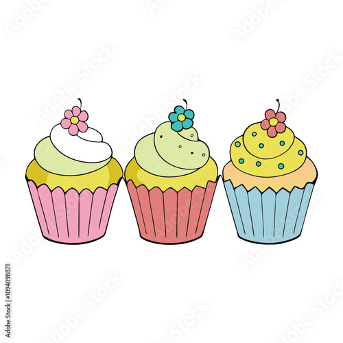 Delightful spring-themed cupcakes adorned with pastel frosting, floral designs, and edible decorations like butterflies, fresh fruit, or blossoms, capturing the season’s charm.