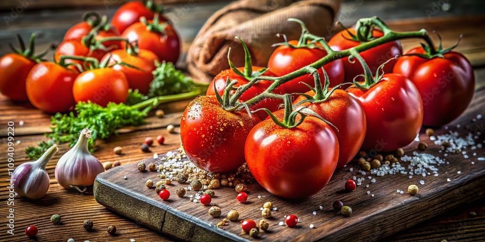Vibrant Red Tomatoes Sprinkled with Gourmet Seasoning on a Rustic Wooden Table, Capturing the Essence of Fresh Ingredients for Culinary Inspiration Vibrant Red Tomatoes Sprinkled with Gourmet Seasoning on a Rustic Wooden Table, Capturing the Essence of Fresh Ingredients for Culinary Inspiration