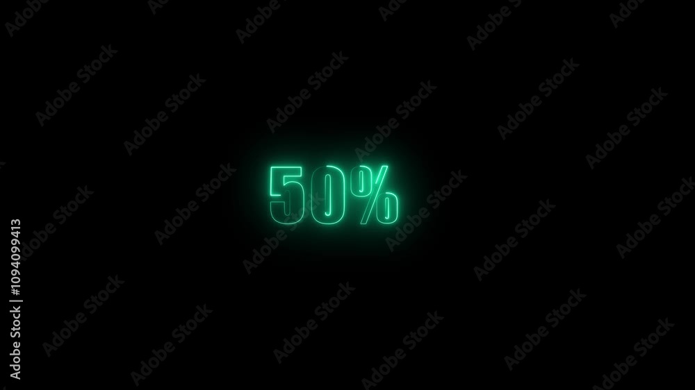 glowing neon 50% text animation by green color on black background. glowing neon 50% text animation by green color on black background.