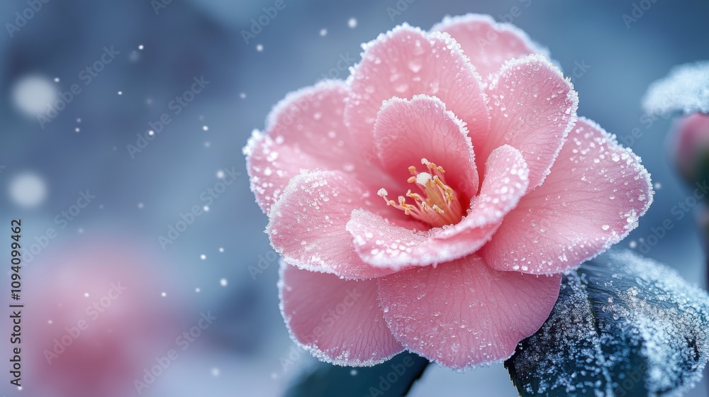 Frosty Camellia blossom in the midst of winter, with snowflakes falling gently and a serene, soft-focus winter sky behind. Frosty Camellia blossom in the midst of winter, with snowflakes falling gently and a serene, soft-focus winter sky behind.