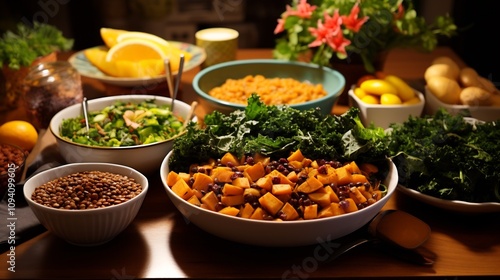 Abundant Vegetarian Feast with Colorful Assortment of Dishes on Table