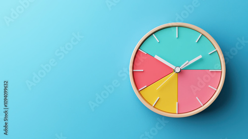 Colorful pie chart clock on blue background, showcasing vibrant sections and modern design. This unique timepiece adds playful touch to any space photo