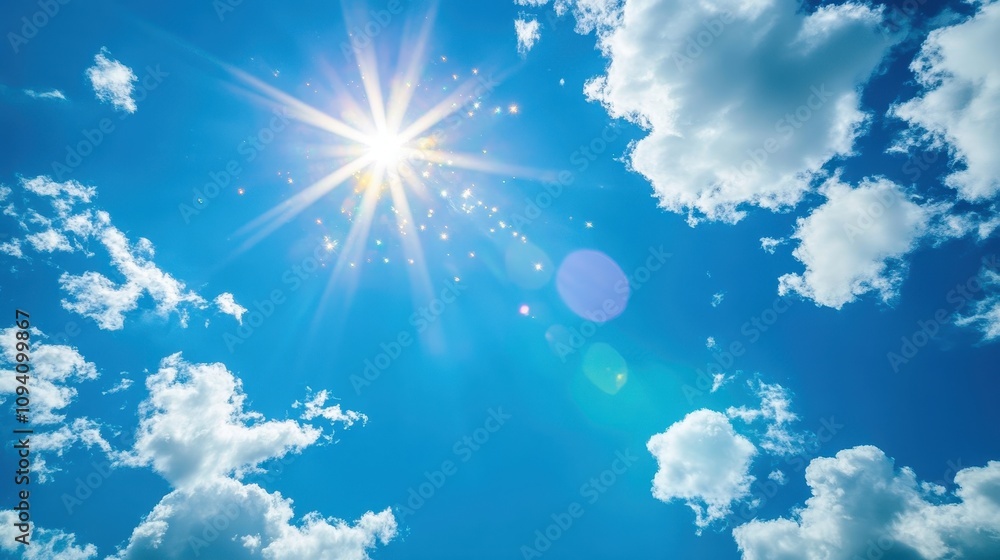 Bright sunlight shining through a clear blue sky with fluffy clouds.