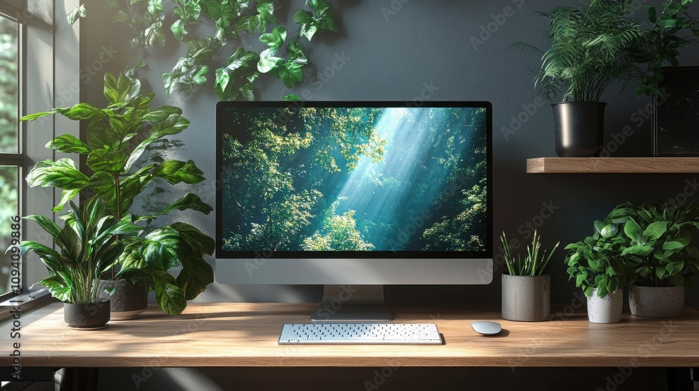 Minimalist workspace setup with wooden desk and laptop Minimalist workspace setup with wooden desk and laptop