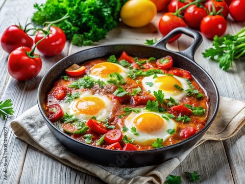 Vibrant Shakshuka in a Cast Iron Pan with Fresh Herbs and Spices on a Pure White Background, Perfect for Food Photography and Culinary Inspiration