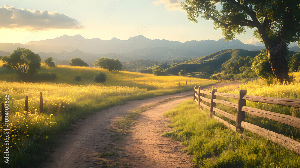 Obraz premium Countryside Path Through Meadow with Mountain View - Digital Illustration