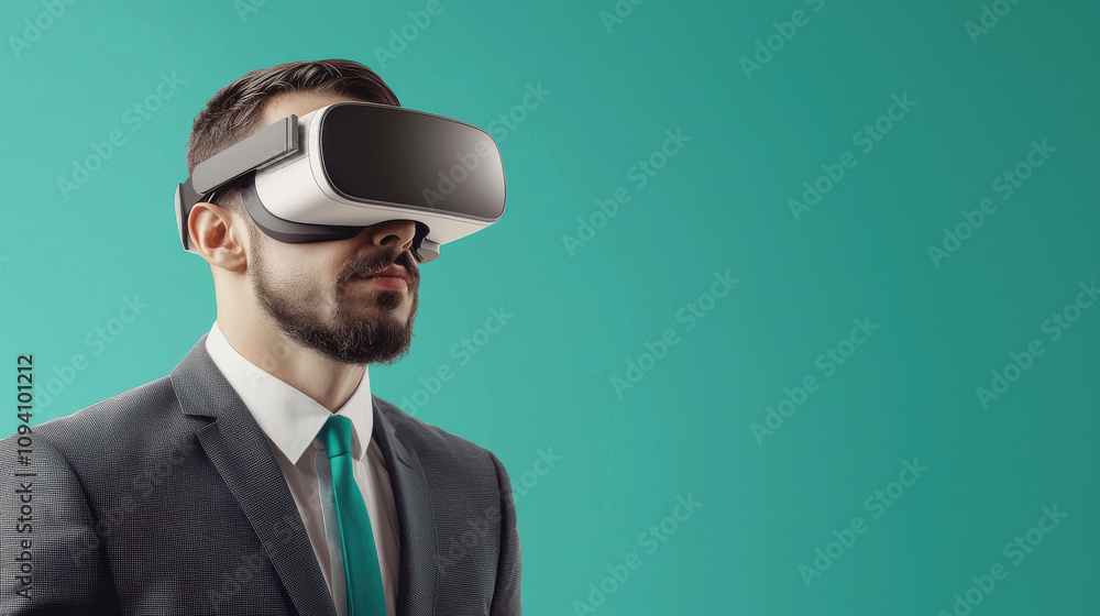 man in suit wearing VR headset against turquoise background, showcasing modern technology and innovation. image conveys sense of immersion and futuristic experience man in suit wearing VR headset against turquoise background, showcasing modern technology and innovation. image conveys sense of immersion and futuristic experience
