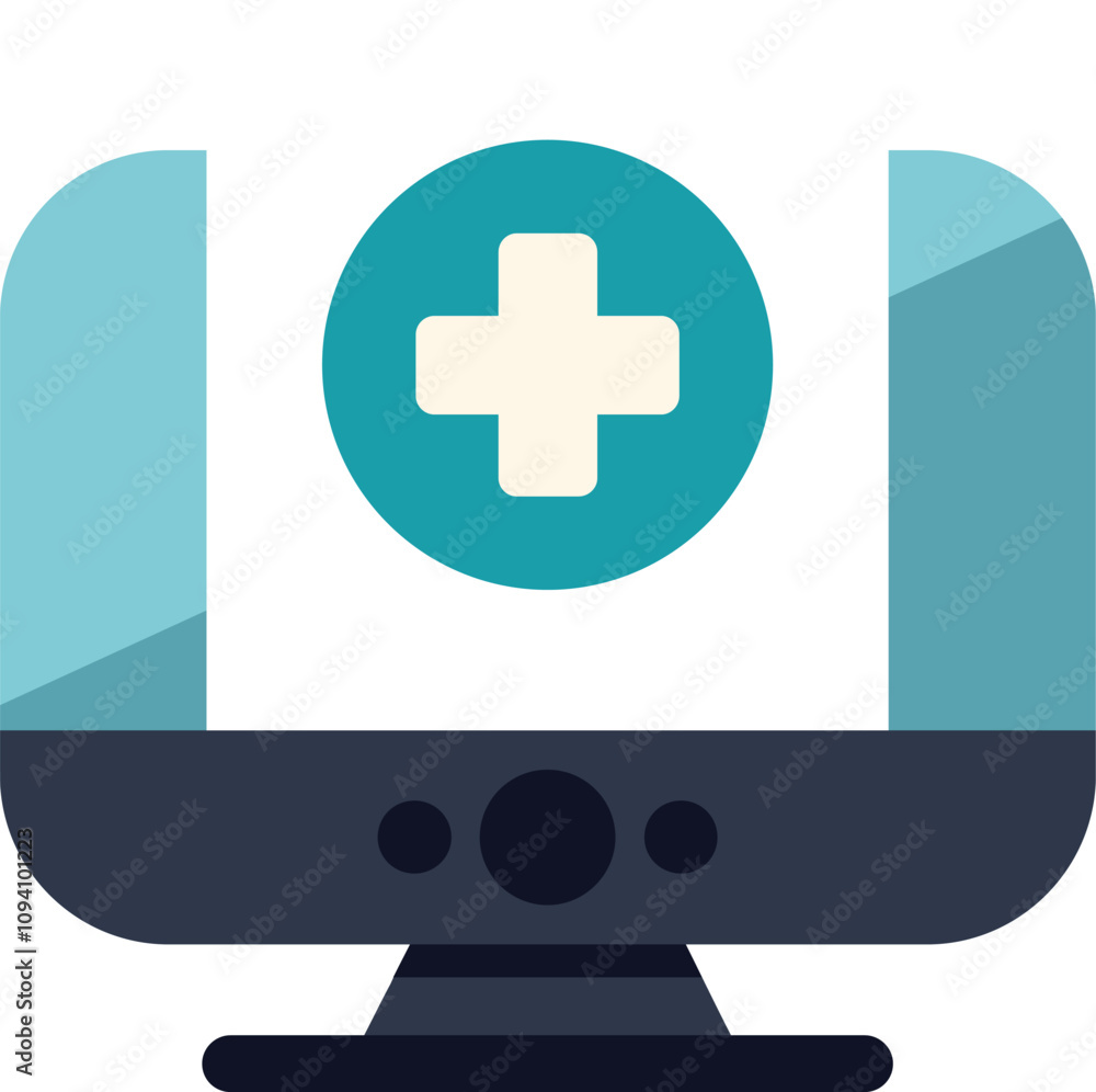 Fototapeta premium Computer monitor displaying a medical cross, representing the concept of online healthcare and telemedicine