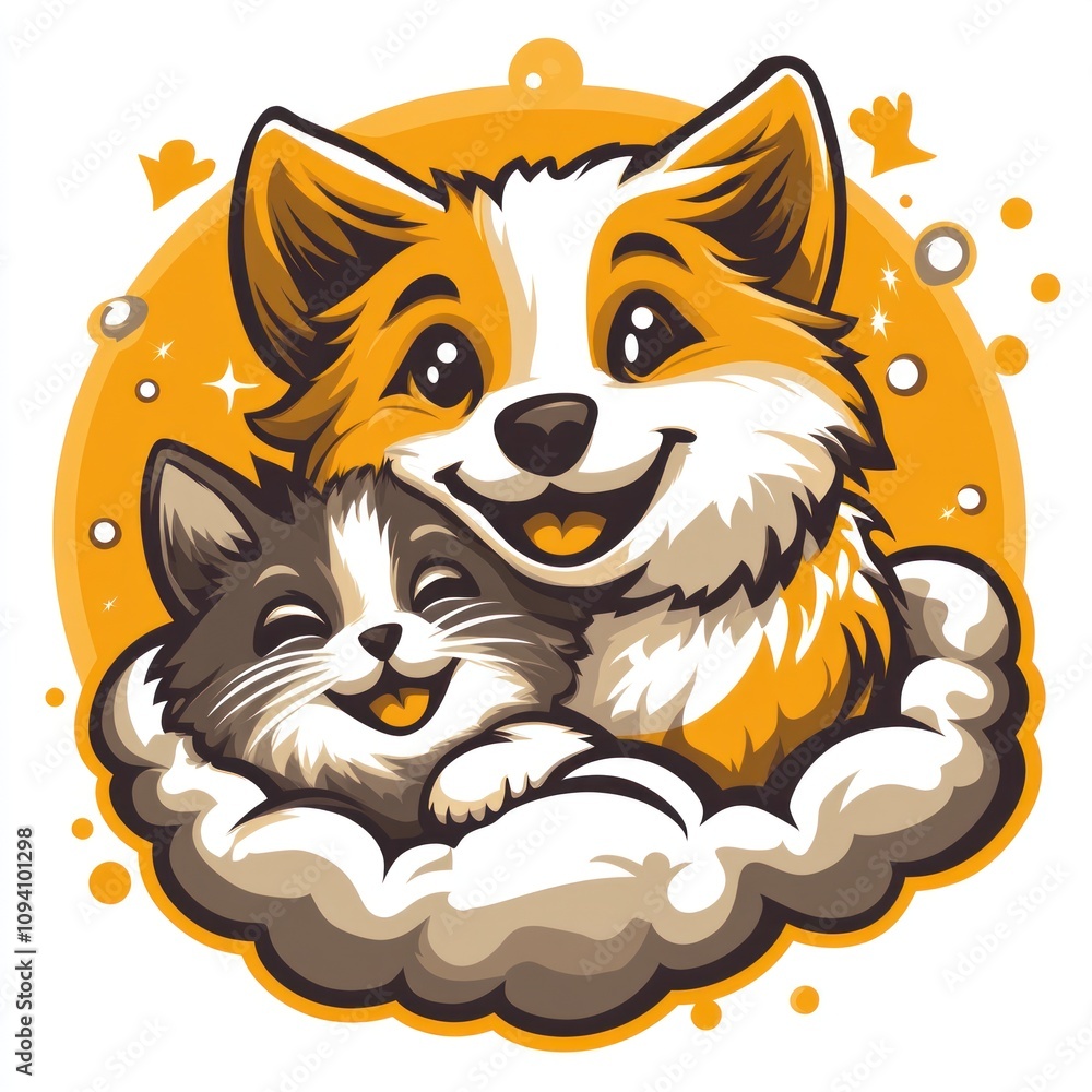 A cute illustration of a dog and a cat cuddling together in a cozy cloud. A cute illustration of a dog and a cat cuddling together in a cozy cloud.