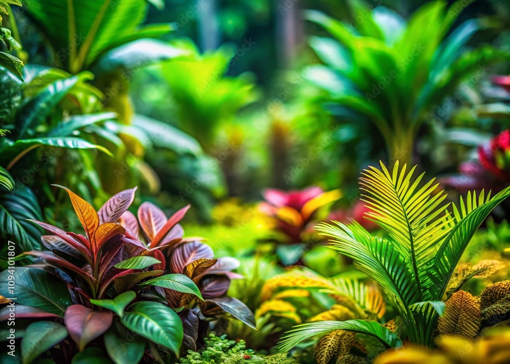 Fototapeta premium Vibrant Tropical Colorful Leaves Wallpaper with Tilt-Shift Photography Effect Showcasing Lush Greenery and Exotic Plant Life for Nature Lovers and Home Decor Enthusiasts