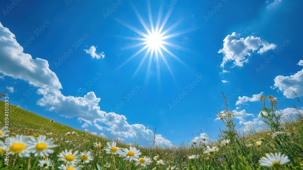 A vibrant landscape with daisies under a bright sun and blue sky, evoking tranquility. A vibrant landscape with daisies under a bright sun and blue sky, evoking tranquility.