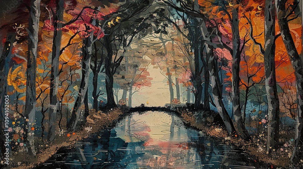 Autumn Forest Stream: Tranquil Woodland Painting with Golden Light Autumn Forest Stream: Tranquil Woodland Painting with Golden Light