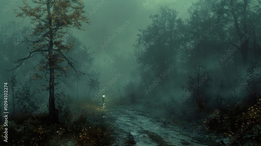 Mysterious Figure Walking Through a Foggy Forest Path Mysterious Figure Walking Through a Foggy Forest Path