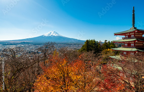 Mount Fuji, the iconic symbol of Japan, during the season of autumn foliage, a period of exceptional beauty.kawaguchiko,japan. photo