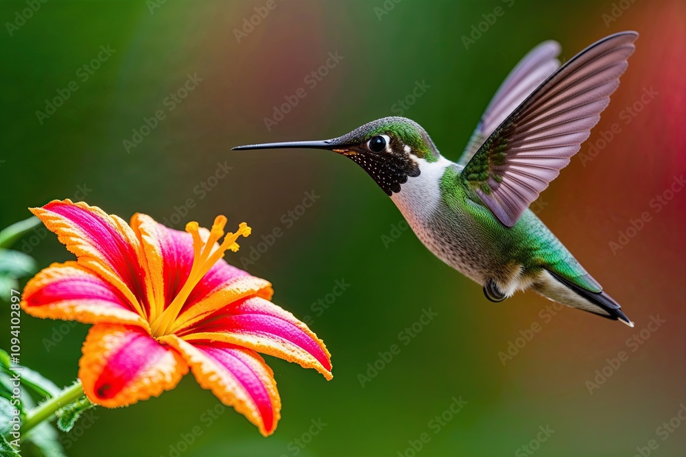 Fototapeta premium Hummingbird Hovering by Vibrant Flower Representing Energy and Vitality