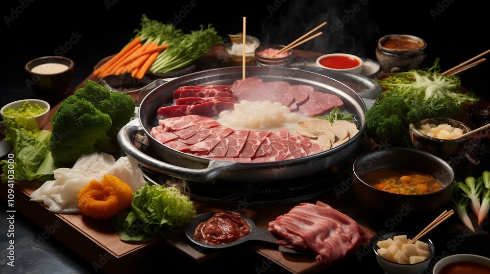 Steaming Hot Pot Filled with Rich Broth and Fresh Ingredients for a Savory Culinary Delight Steaming Hot Pot Filled with Rich Broth and Fresh Ingredients for a Savory Culinary Delight