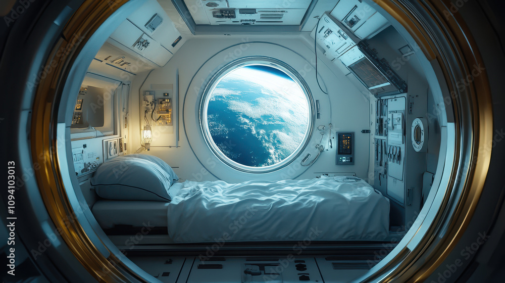 futuristic sleeping pod in space station, featuring cozy bed and stunning view of Earth through large circular window. serene atmosphere evokes sense of tranquility and exploration futuristic sleeping pod in space station, featuring cozy bed and stunning view of Earth through large circular window. serene atmosphere evokes sense of tranquility and exploration