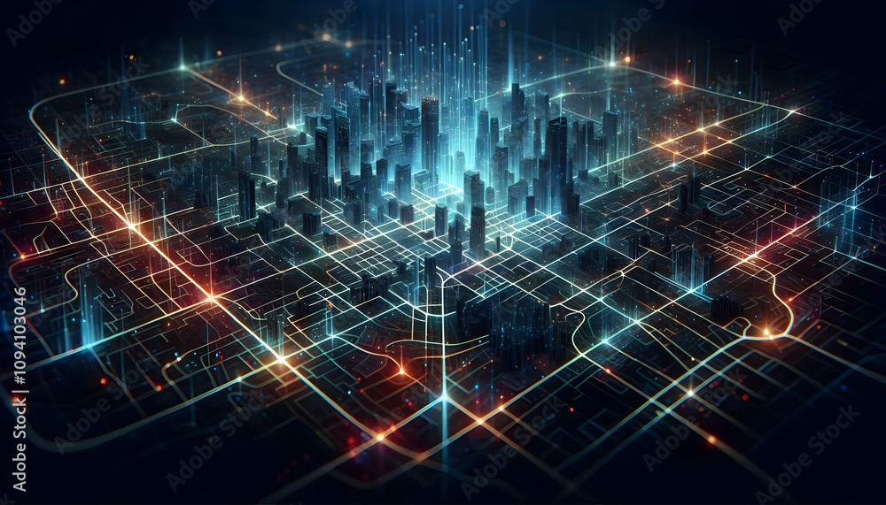 abstract A glowing, holographic city map with streets represented as thin, glowing lines that pulse and chan3 abstract A glowing, holographic city map with streets represented as thin, glowing lines that pulse and chan3