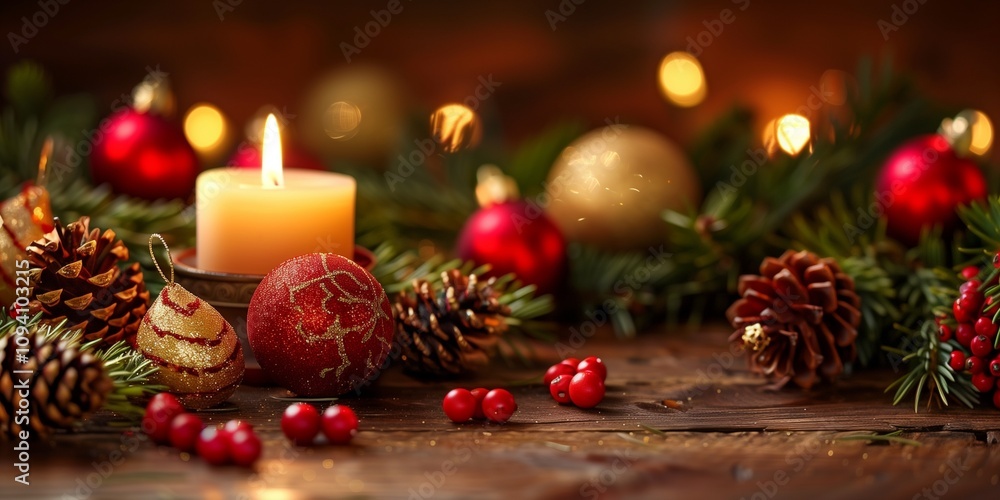Christmas Fir Branches with Red Baubles and Copy Space Christmas Fir Branches with Red Baubles and Copy Space