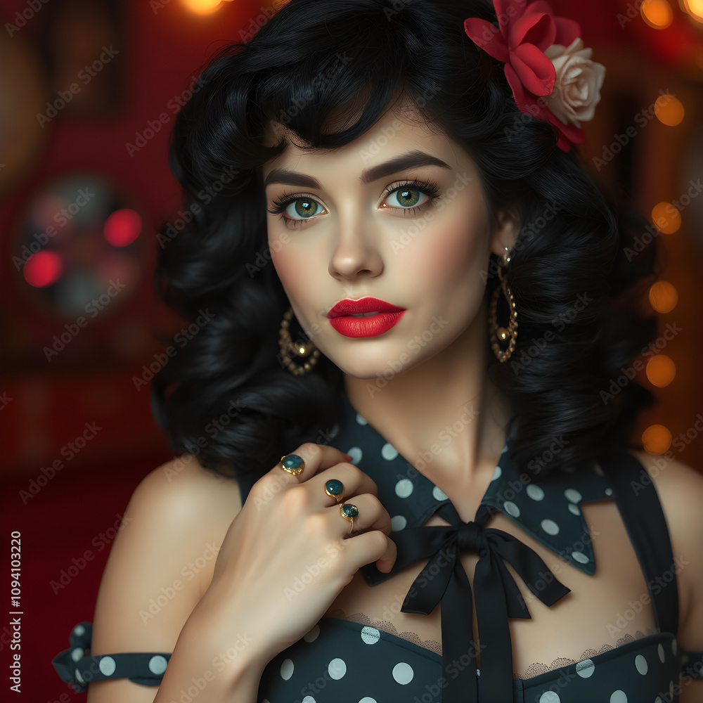 Naklejka premium Una dulce chica de cabello negro ondulado y vestido con estilo retro.