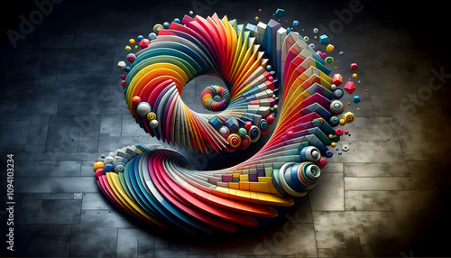 abstract background A 3D abstract arrangement of colorful geometric shapes, spiraling upwards, set against a dark metal1