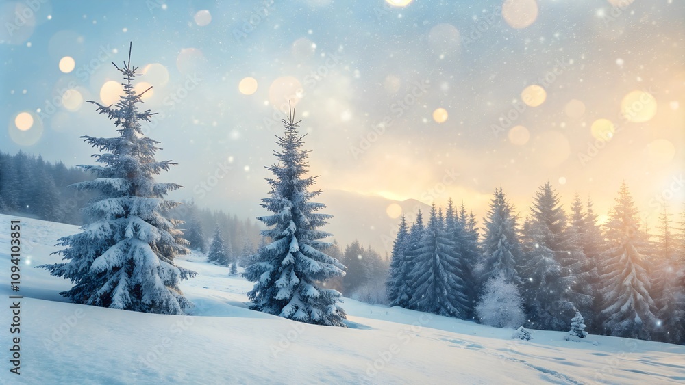 Snowy winter forest landscape with pine trees and warm bokeh lights Snowy winter forest landscape with pine trees and warm bokeh lights