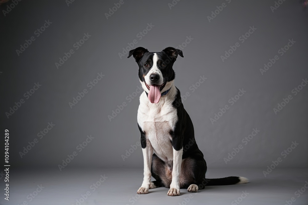 Obraz premium Black and White Dog Sitting with Tongue Out in Studio Background