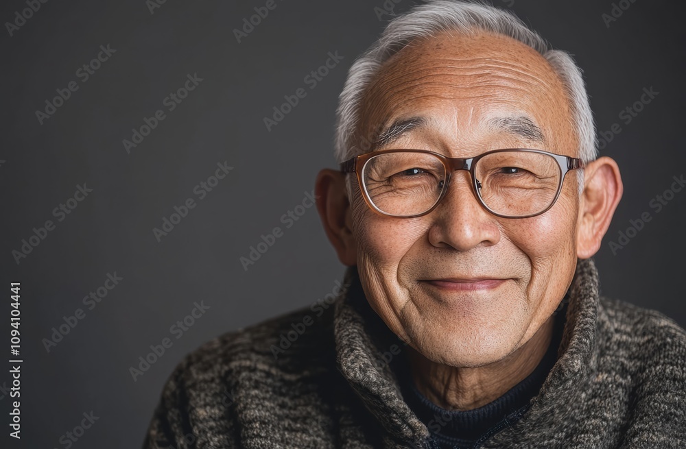 An elderly Asian man with gentle smile stands against solid gray background, embodying inner peace, happiness. His calm expression, relaxed posture capture naturally serene moment. An elderly Asian man with gentle smile stands against solid gray background, embodying inner peace, happiness. His calm expression, relaxed posture capture naturally serene moment.