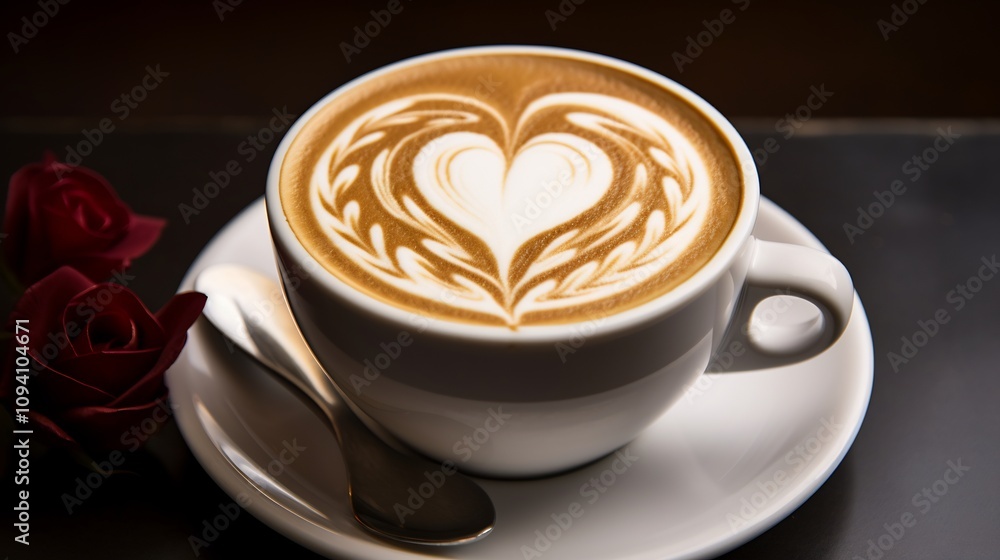 Heart and Tulip Designs in Latte Foam on Coffee Cup