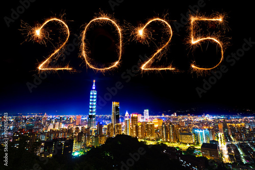 2025 happy new year fireworks over Taipei cityscape at night, Taiwan photo