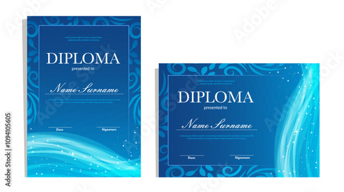 Set of winter diploma templates, horizontal and vertical. Sport or education competition award, certificates with stars, cold frozen ornament, blue colours.