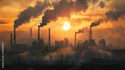 Industrial Sunset with Smoke Plumes from Factory Chimneys