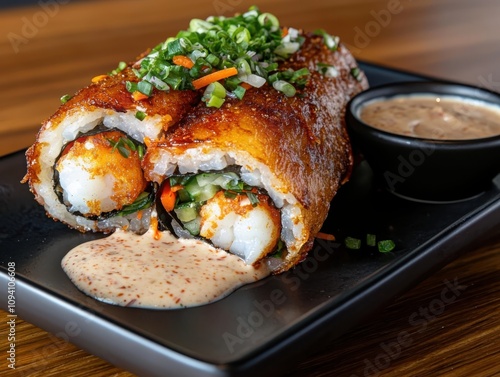 Crispy tempura shrimp sushi burrito experience trendy restaurant food creation modern dining culinary delight photo