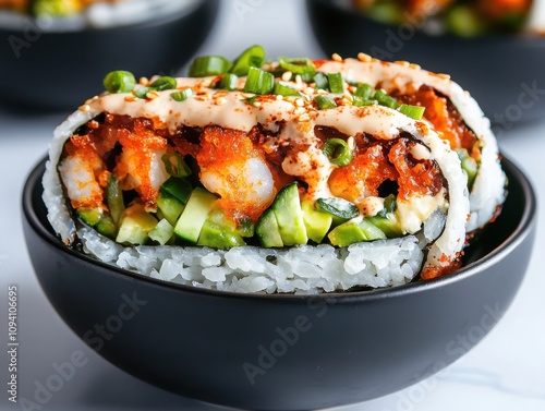 Crispy tempura shrimp sushi burrito delight urban eatery food fusion contemporary setting culinary adventure photo