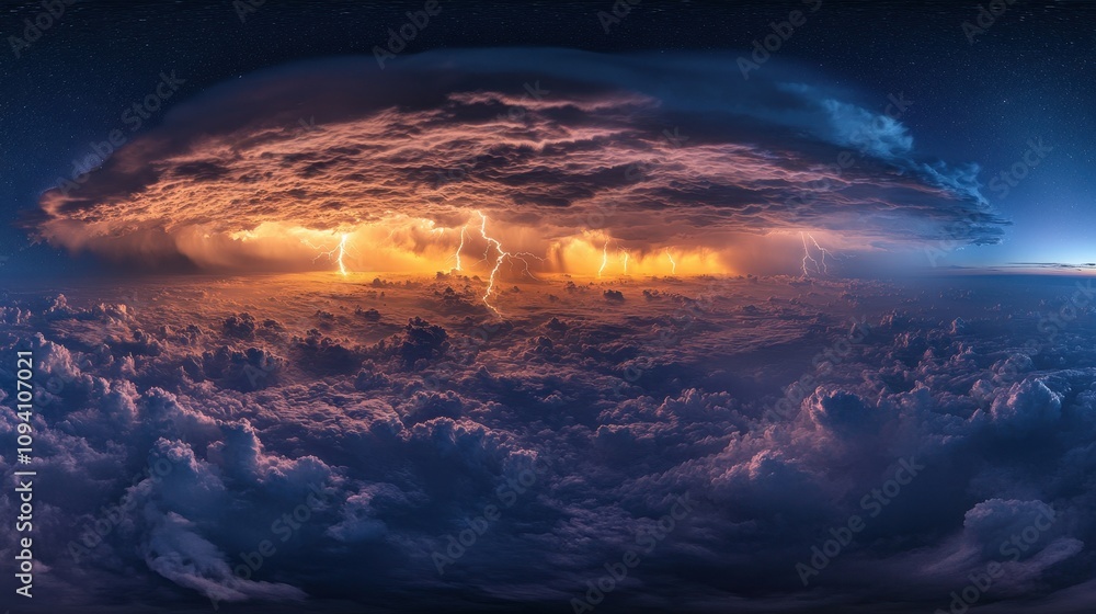 A dramatic thunderstorm with lightning illuminating clouds at dusk. A dramatic thunderstorm with lightning illuminating clouds at dusk.
