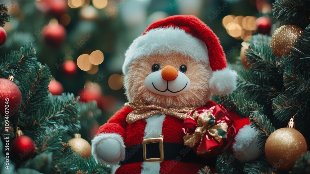 A cute teddy bear dressed as Santa Claus is nestled among the festive branches of a Christmas tree, adding charm to the holiday decor. A cute teddy bear dressed as Santa Claus is nestled among the festive branches of a Christmas tree, adding charm to the holiday decor.