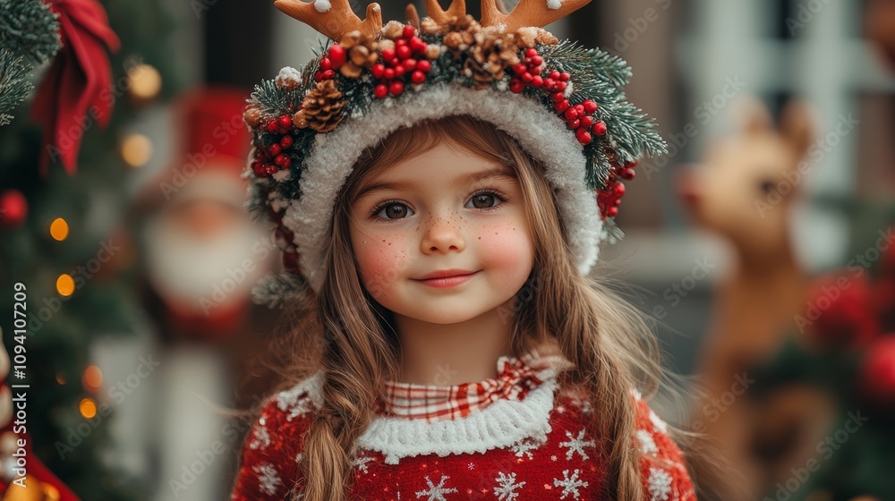 A joyful girl in a festive reindeer hat and a cheerful red-and-white dress, embodying the spirit of Christmas and holiday celebrations. A joyful girl in a festive reindeer hat and a cheerful red-and-white dress, embodying the spirit of Christmas and holiday celebrations.