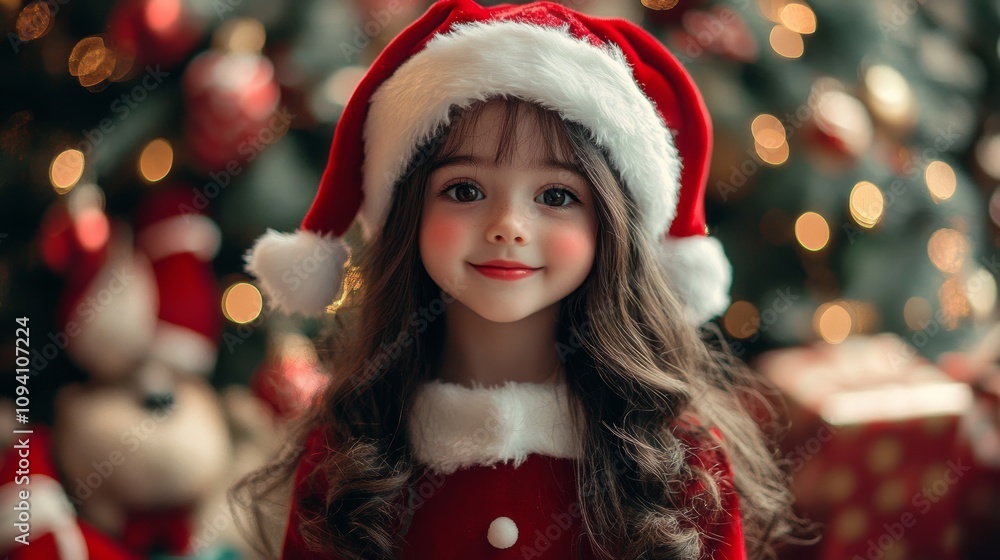 A charming image of a little girl joyfully wearing a Santa hat, embodying the festive spirit of Christmas with her bright smile and holiday cheer. A charming image of a little girl joyfully wearing a Santa hat, embodying the festive spirit of Christmas with her bright smile and holiday cheer.