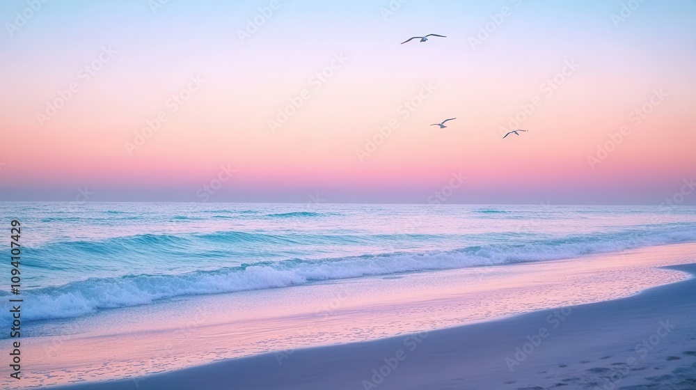 Serene beach at sunset with gentle waves and birds in a pastel sky. Serene beach at sunset with gentle waves and birds in a pastel sky.